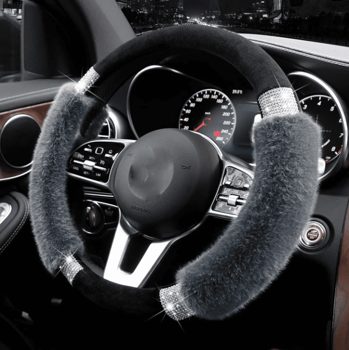 Rhinestone Fluffy Steering Wheel Cover Comfortable Non-Slip Luxury Faux Wool, Universal Fit for 14.5-15 Inches Steering Wheels
