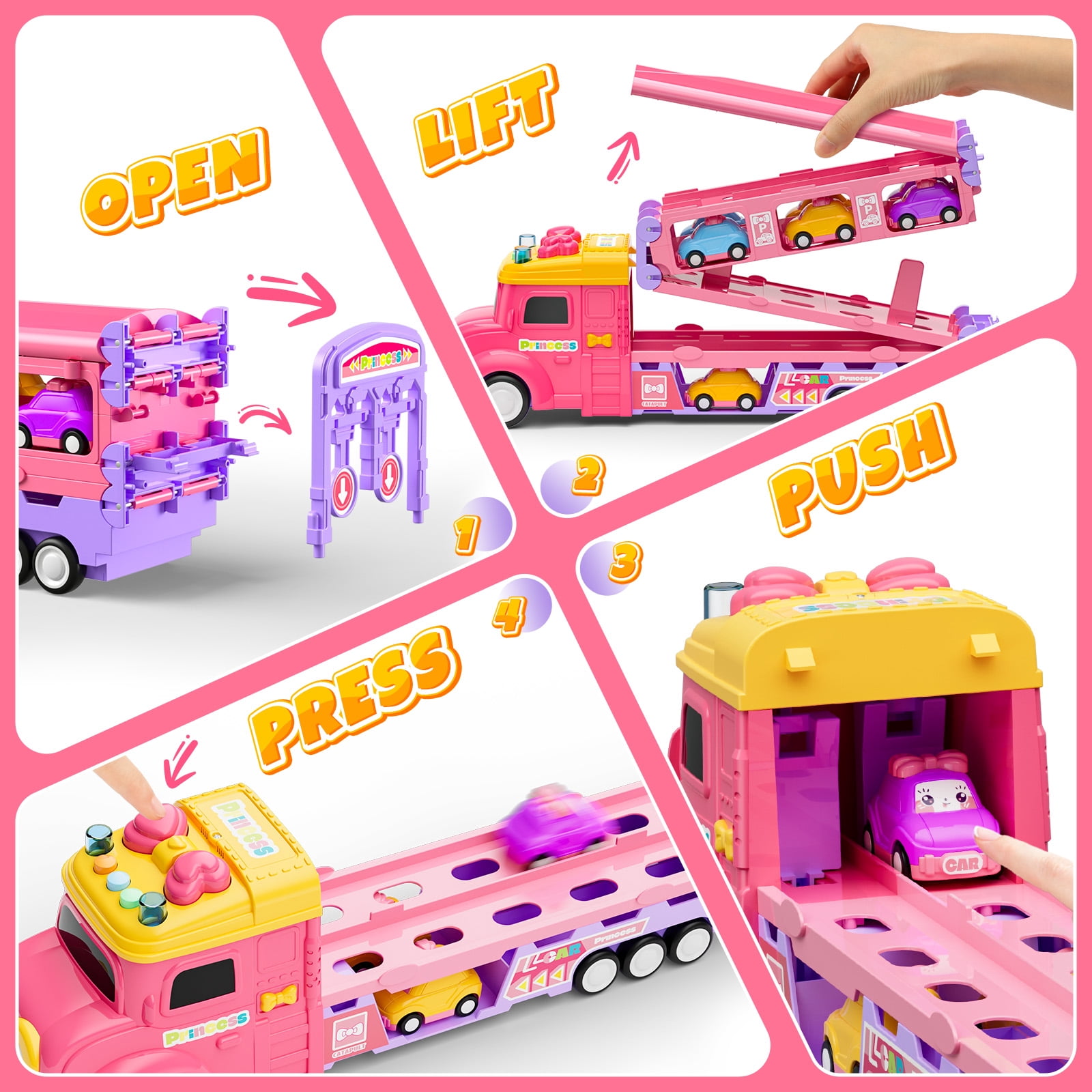 UUSUOO Truck Toys for Girls,9 IN 1 Pink Princess Toys Carrier Truck Race Track Toys for Kids,Foldable Transport Truck with Lights & Music,Christmas Birthday Toys Gift for Girls 3 4 5 6+