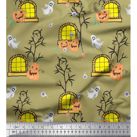 Soimoi Moss Georgette Fabric Haunted House,Pumpkin & Ghost Halloween Print Fabric by Yard 42 Inch Wide
