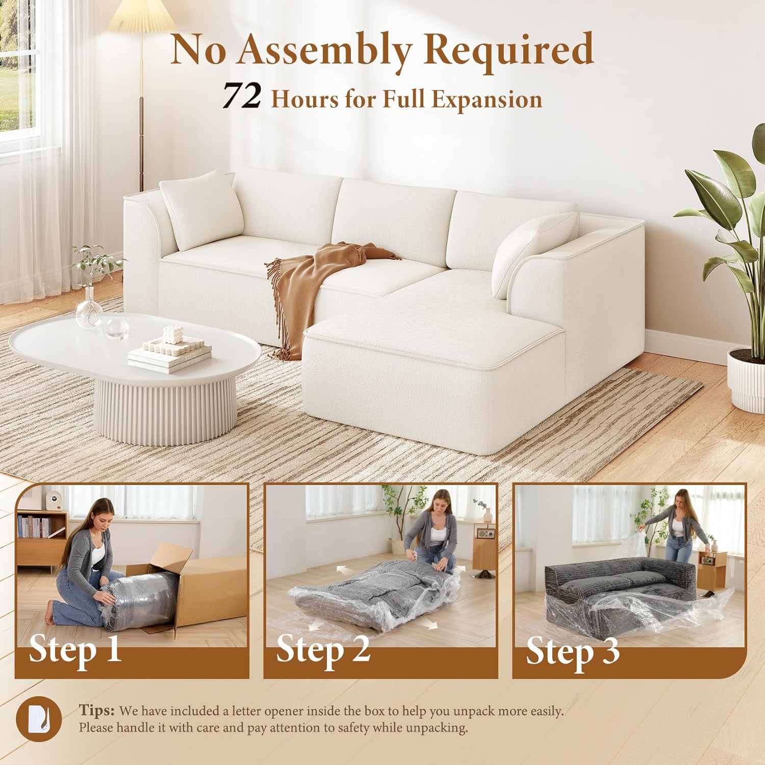 Neche 106" Cloud Sectional Couch with Chaise, Deep Seat Modular Sectional Sofa Chenille Memory Foam Sofa Boneless Couches for Living Room Bedroom, No Assembly Required (Beige, Right-Facing Chaise)
