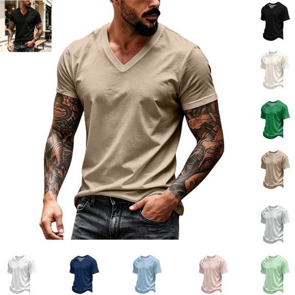Mfakffe Mens T-shirt Casual V-Neck Short Sleeve Breathable Fitness Shirt Lightweight Comfy Versatile Sport Top