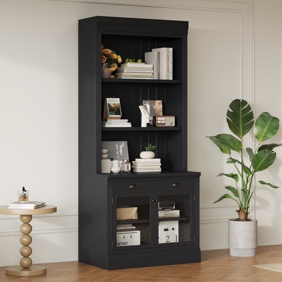 Euroco 83.4"Tall Bookshelf, Modern Bookcase with 2 Glass Doors and 1 Drawer,Storage Bookcase with Open Shelves for Living Room,Home Office,Black