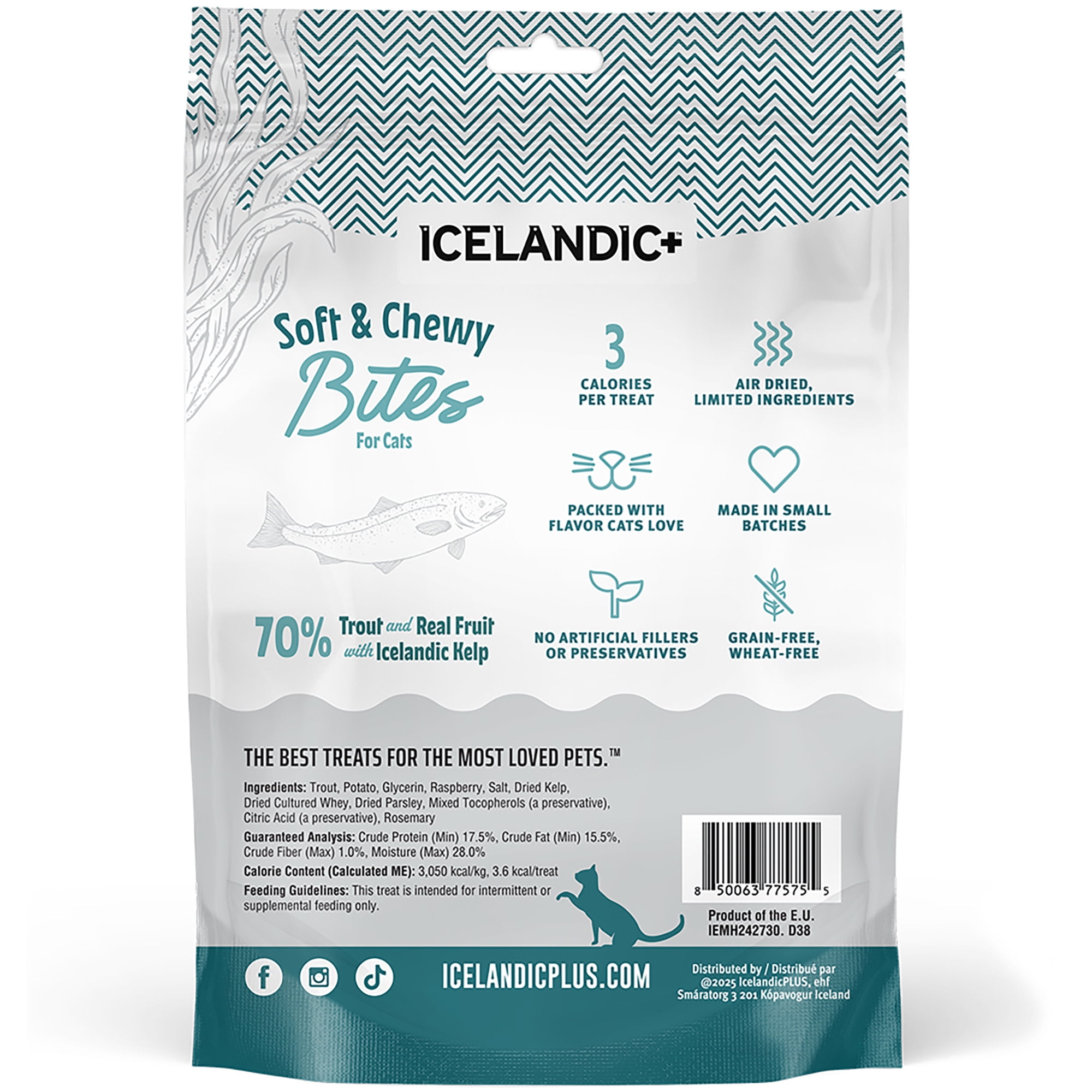 Icelandic+ Soft & Chewy Bites - Trout, Raspberry & Kelp - 1.8oz Cat Treats, 70% Meat & Fruit, Air-Dried, Limited Ingredients, Pet Snack, Grain Free