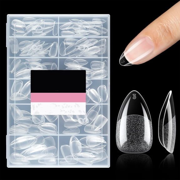 Short Almond Fake Nails 216pcs Pre-shape Gel Acrylic Nail Tips for Full Cover Nail Extension Home DIY Nail Salon 12 Sizes Gelly Tips