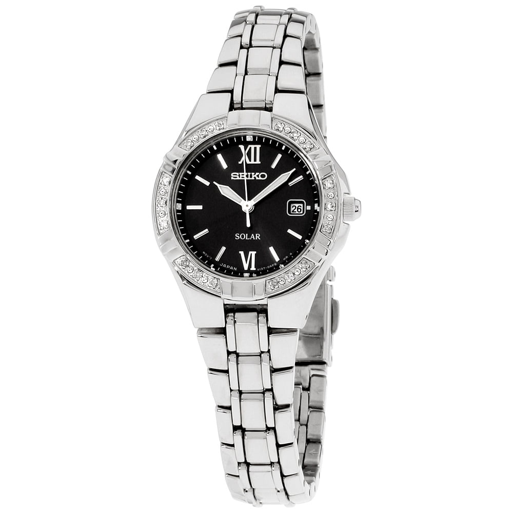 Seiko Women's Solar Diamond Analog Stainless Watch - Silver Bracelet - Black  Dial - SUT067 