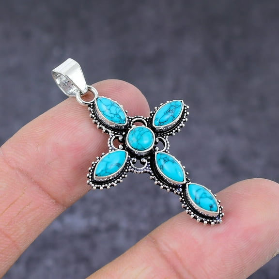 Natural Tibetan Turquoise Handmade 925 Sterling Silver Cross Pendant 1.81"