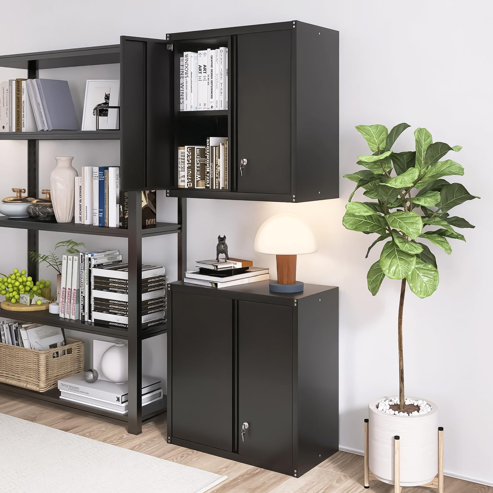 Marcree Garage Wall Storage Cabinet, Metal Wall Mount Cabinet with 2 Locking Doors and Adjustable Shelf, Small Steel Tool Cabinet for Kitchen, Garage, Laundry Room, Pantry, Black