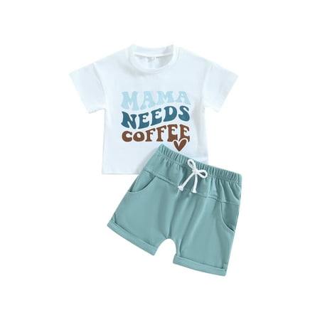 

Qtinghua Toddler Baby Boy Summer Outfits Short Sleeve Letters Print T Shirt Top Drawstring Waist Shorts Set 2Pcs Clothes