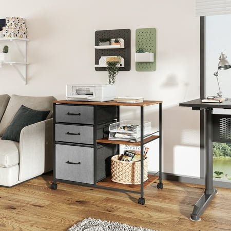 DEVAISE 3 Drawer Mobile File Cabinet, Rolling Printer Stand with Open Storage Shelf, Fabric Lateral Filing Cabinet fits A4 or Letter Size for Home Office, Rustic Brown