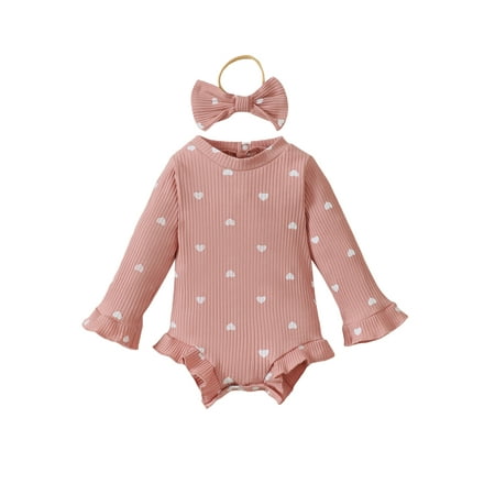 

Bangyeer Girl Fall Romper Ribbed Heart Print Long Sleeve Jumpsuit Headband