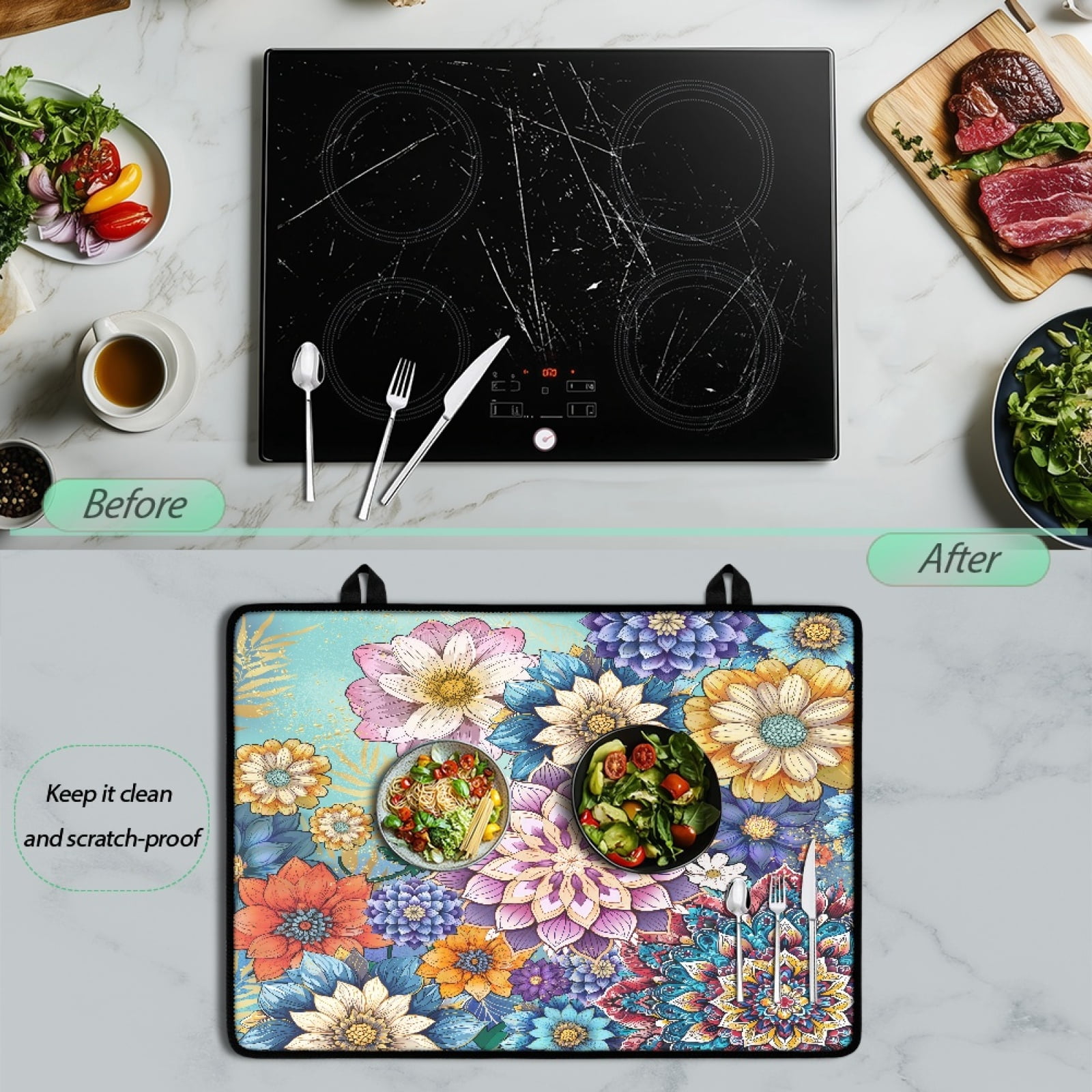 Renewold Stove Cover for Electric Glass Top Stove, Induction Electric Stove Top Protector Oil-proof Heat Resistant Washer Dryer Top Cover, 29'' x 21'', Bohemian Flower Violet Blue