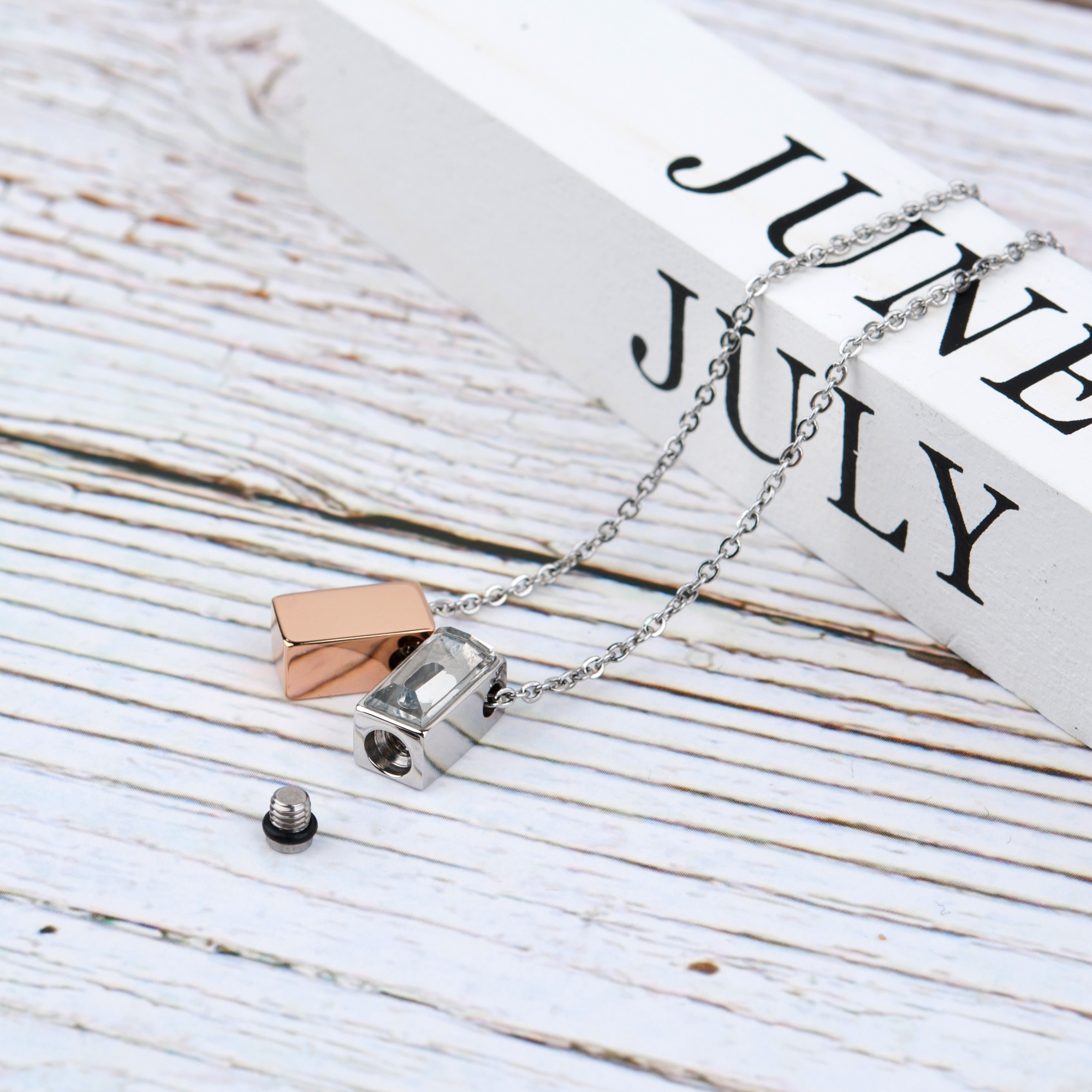 Anavia See You Cremation Necklace for Ashes, Mini See Through Urn Necklace, Mini Cube Cremation Pendant, Cremation Jewelry, Memorial Jewelry, Mini Urn-[Rose Gold & Silver]