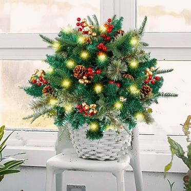Faux Holiday Planter Filler with Lights, Holiday Planter Sticks, Christmas Porch Decor, Artificial Greenery Tree with Cones & Red Berries Decorations for Home Indoor Outdoor