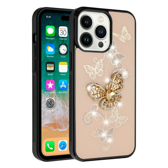 For Apple iPhone 15 Pro Max (6.7") Diamonds 3D Bling Sparkly Glitter Ornaments Engraving Hybrid Fashion Cover ,Xpm Phone Case [ Gold Garden Butterflies ]