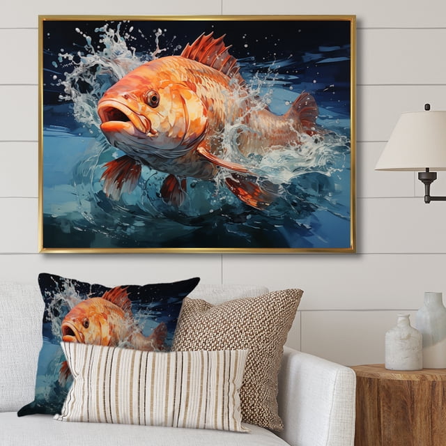 Designart Hunting & Fishing framed wall Art, Catching Colorful Fish , Hunting & Fishing framed wall art decor, Peach Modern Gold framed wall art, 20x12 inches Gold Frame