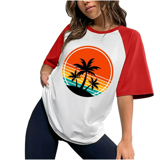 Tops con estampado de sol de playa de manga corta de ocio con cuello redondo de verano para mujer OAVQHLG3B Store lin121212