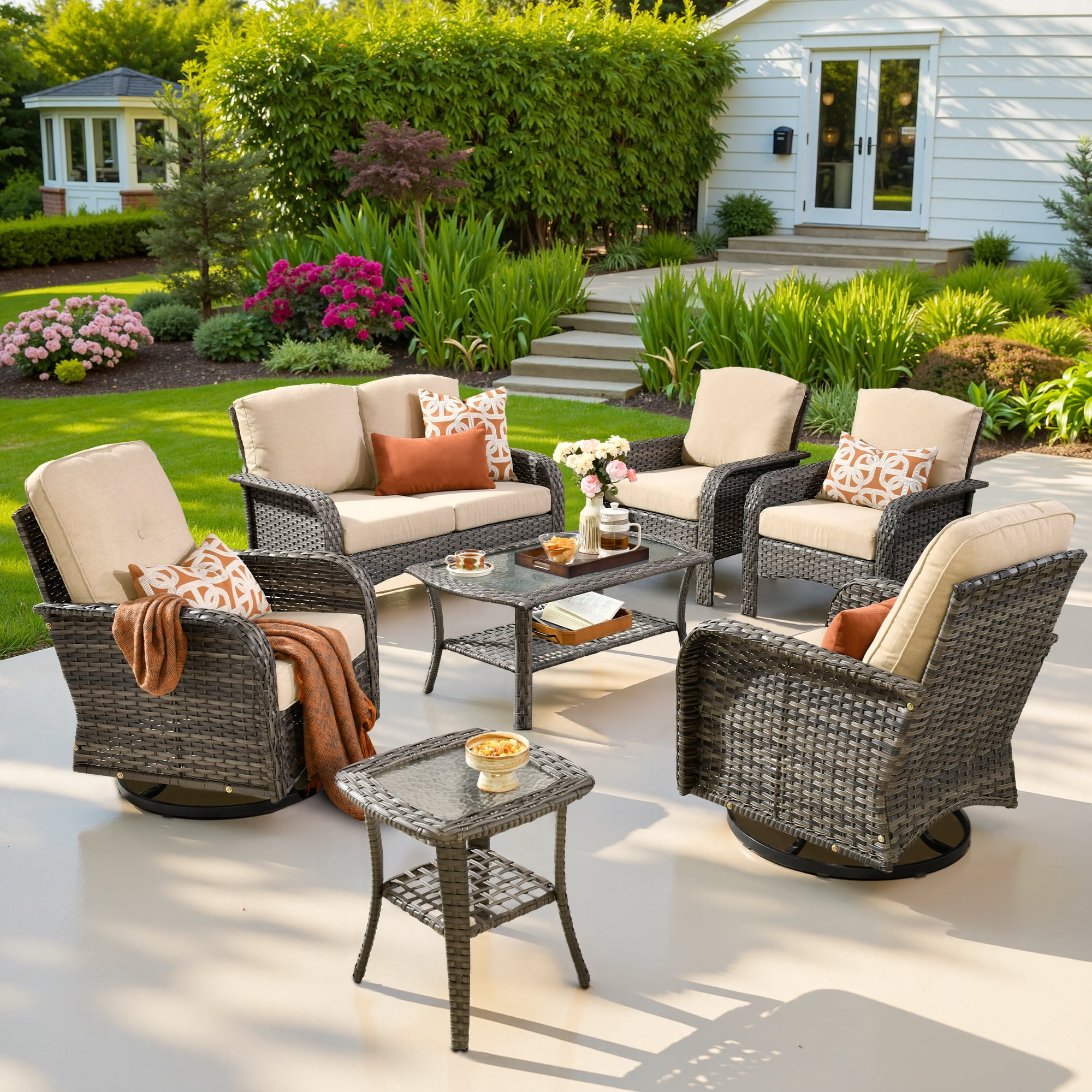 Ovios 7 Pieces Outdoor Patio Furniture Set High Back All Weather Wicker Conversation Set with Swivel Chairs & Coffee Table, Beige