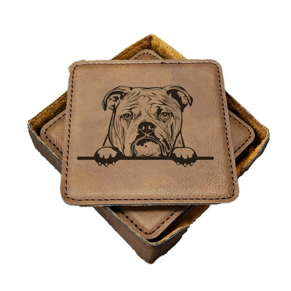 English Bulldog Peek-a-Boo Coasters - Handmade Coasters Set of 6 - Engraved Barware Decorations - Leather Bar Decor - Man Cave Father's Day Present