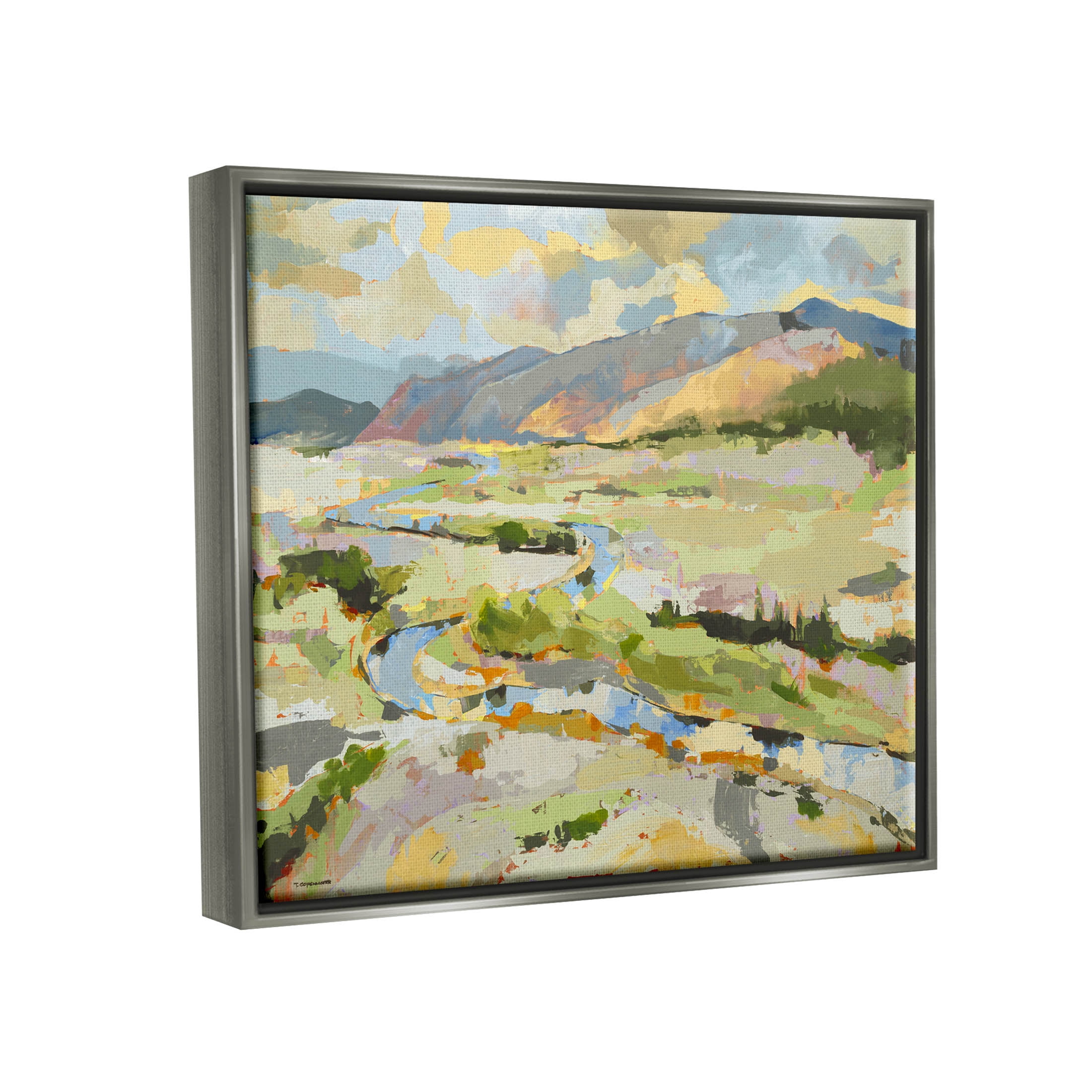 Lush Green Mountain Landscape Abstract Painting Luster Gray Framed Art Print Wall Art