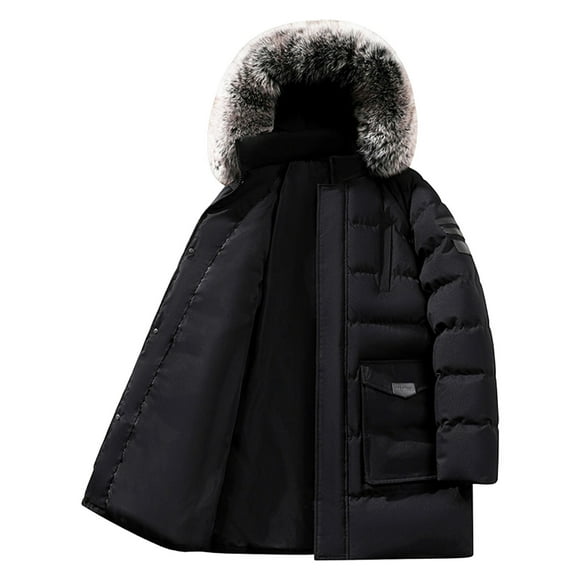 hoksml Men's Mid-Length Parka with Detachable Hood Heavyweight Quilted Insulated Winter Coat Solid Color Outdoor Jacket