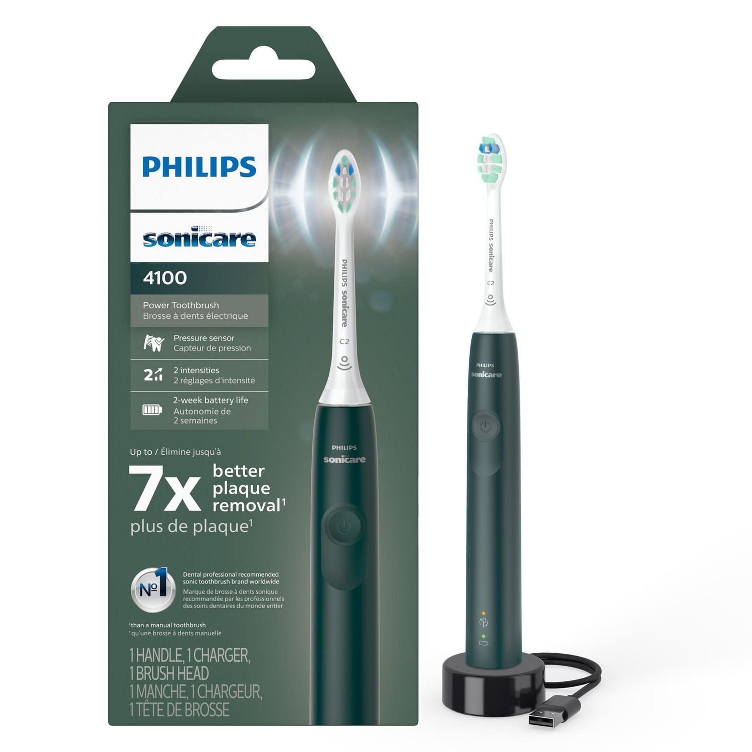 Brosse à dents électrique Philips Sonicare 4100, brosse à dents électrique rechargeable avec capteur de pression, blanc, HX3681/28
