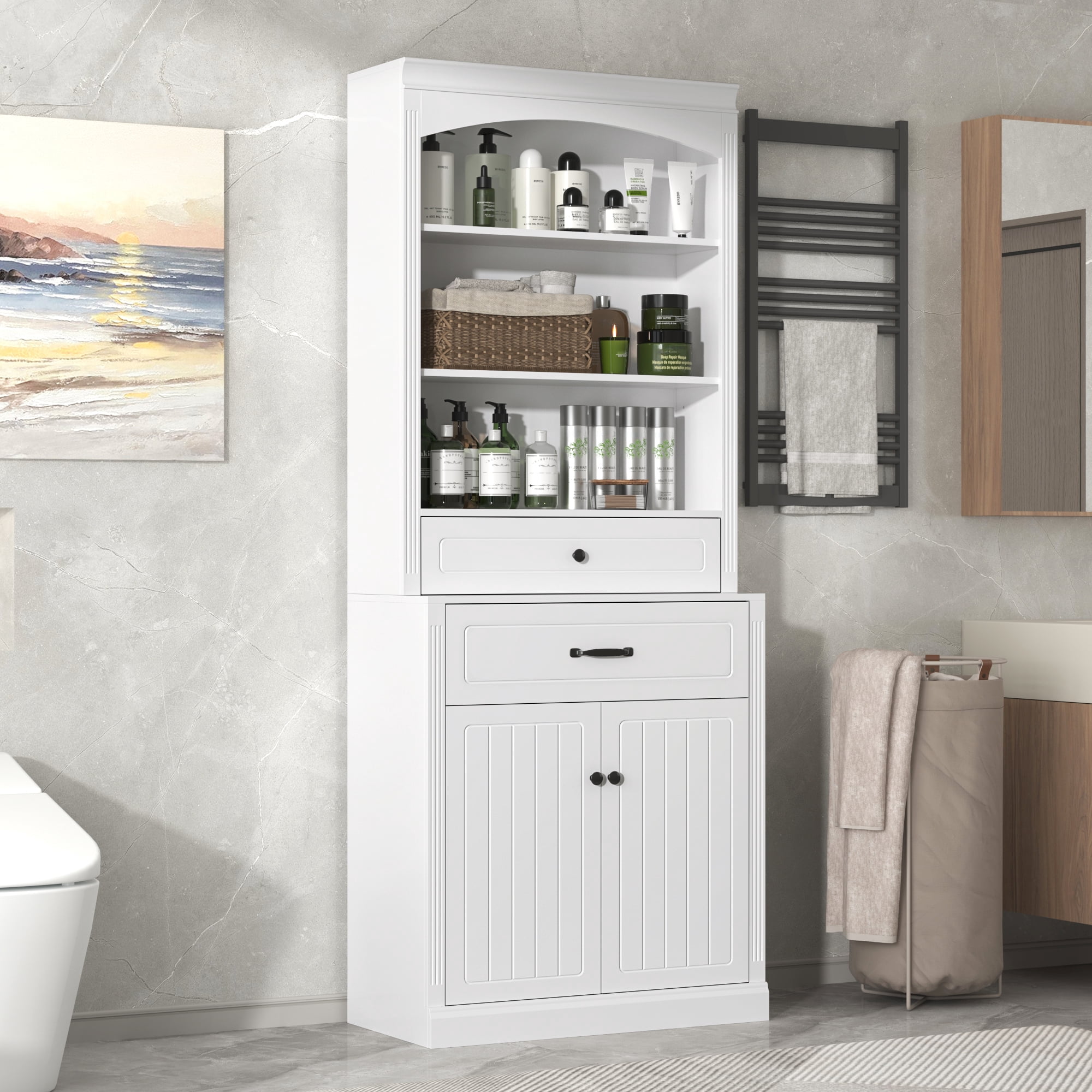 Euroco White Bathroom Storage Cabinet with Two Doors, Drawers, Adjustable Shelf & Three Open Shelves – Durable MDF Construction