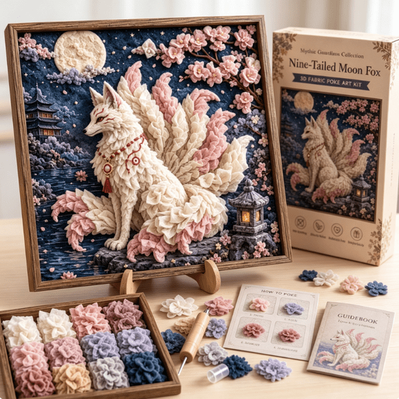 Mythic Guardians 3D Fabric Poke Art Kit, Beginner-Friendly No-Sew Fabric Craft, 3D Fluffy Wall Art with Display Stand, Unique Fantasy Gift Nine-Tailed Moon Fox