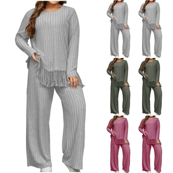 ATOYSOY Women's 2 Piece Lounge Sets Tassels Plus Size Knitted Outfits for Ladies Ribbed Tops Sweat Suits Pants Long Sleeve Ribbed Tracksuits Casual Green XXL