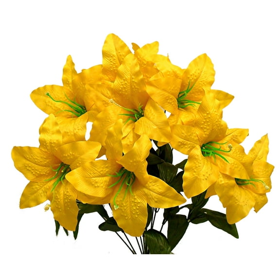 Yellow Tiger Lily 22in Artificial Polysilk Faux Fake Flower Bush for Craft Home Garden Outdoor Bouquet Arrangement Ceremony Wedding Arch Floral Wall Aisle Decor (Yellow, Set of 2)