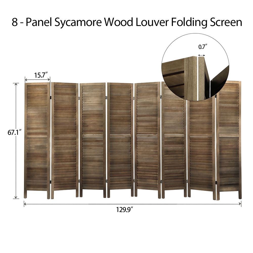 Topcobe Sycamore Wood Folding Divider Panel for Indoor Balcony, 8-Panel Freestanding Privacy Screen for Bedroom Dining Room Living Room, 5.6 Ft Tall Louvered Room Divider for Home Office, Brown Wood - image 4 of 11