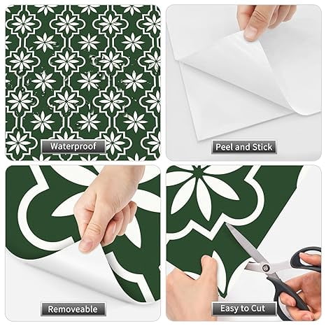 MORCART Peel and Stick Floor Tile, Vinyl Flooring Waterproof, DIY Flooring for Bathroom, Kitchen, Fireplace, Pet House, Stairs, Bedrooms, Wall (20PCS,7.87" x 7.87",Dark green+white)