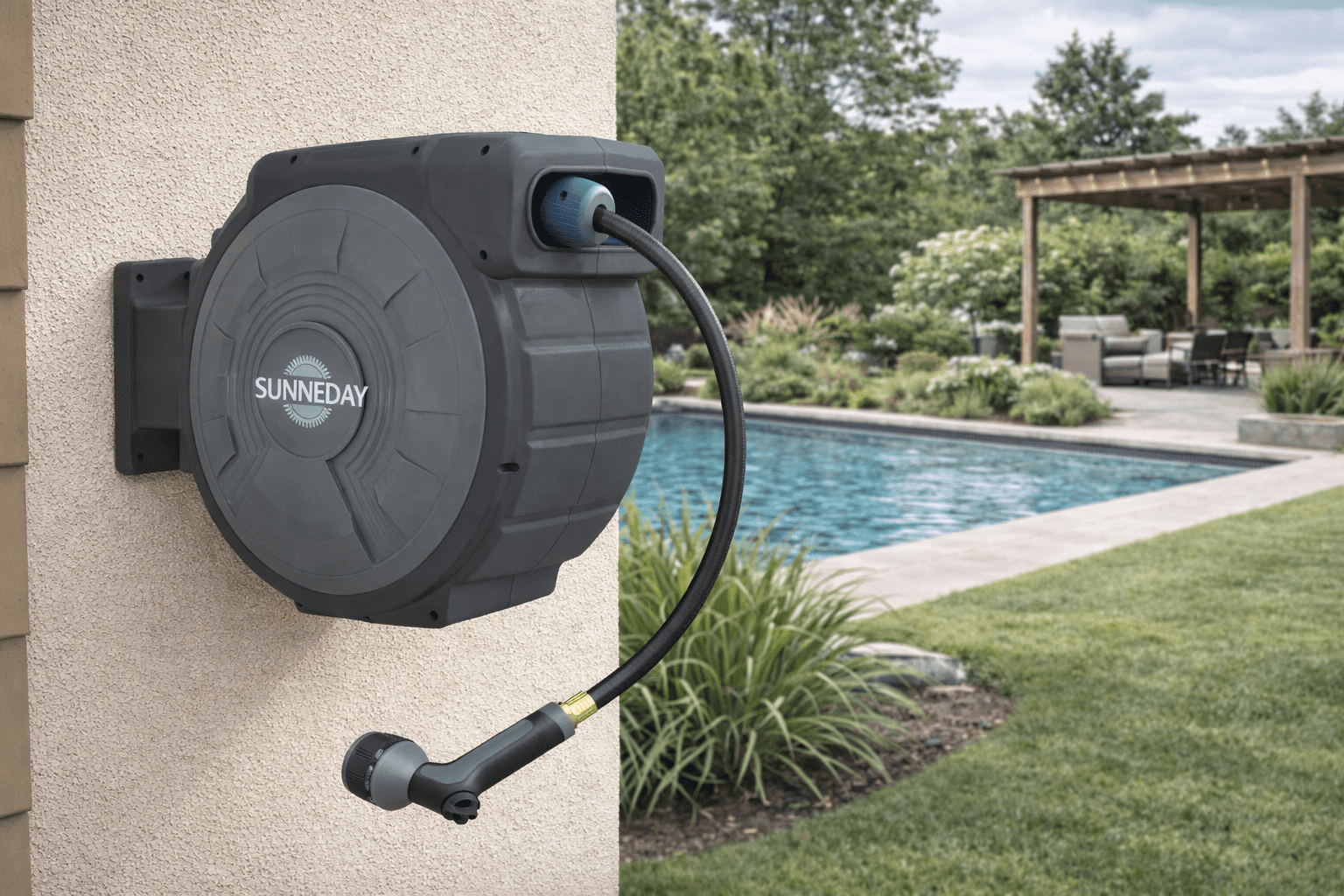 Sunneday 100ft Retractable Hose Reel 5/8 | Automatic Retractable Hose Reel w/Wall Mount | Easy to Assemble Water Hose Reel w/Flexible Swivel Mount | Retractable Garden Hose Reel (100ft.Black/Gray)