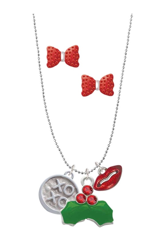 Silvertone XOXO - Round Seal Christmas Kiss Charm Necklace and Stud Earrings