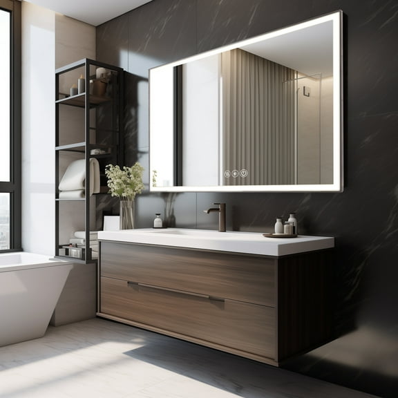 48*32in LED Framed Bathroom Vanity Mirror, Aluminum Frame with 45° Beveled Angle Beveled Lights, 3 Colors,