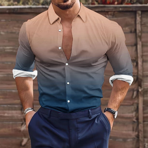 Blusa y camisa de manga larga con cuello vuelto para hombre, estilo casual, a la moda, con botones estampados, blusa de manga larga con cuello vuelto, camisetas de poliéster para hombre
