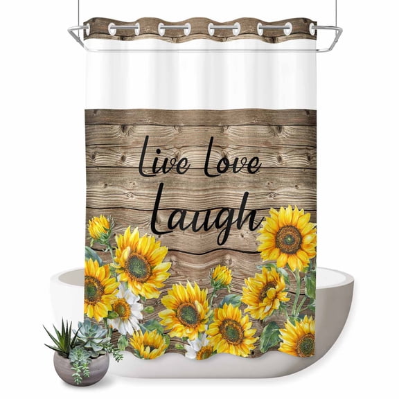 No Hook Shower Curtain with Built-in Rings - Farmhouse Sunflower Washable Waterproof Fabric Bathroom Curtains for Hotel,Rentals, 72X 96 Inch Extra Long , Live Love Lough Inspirational Quotes