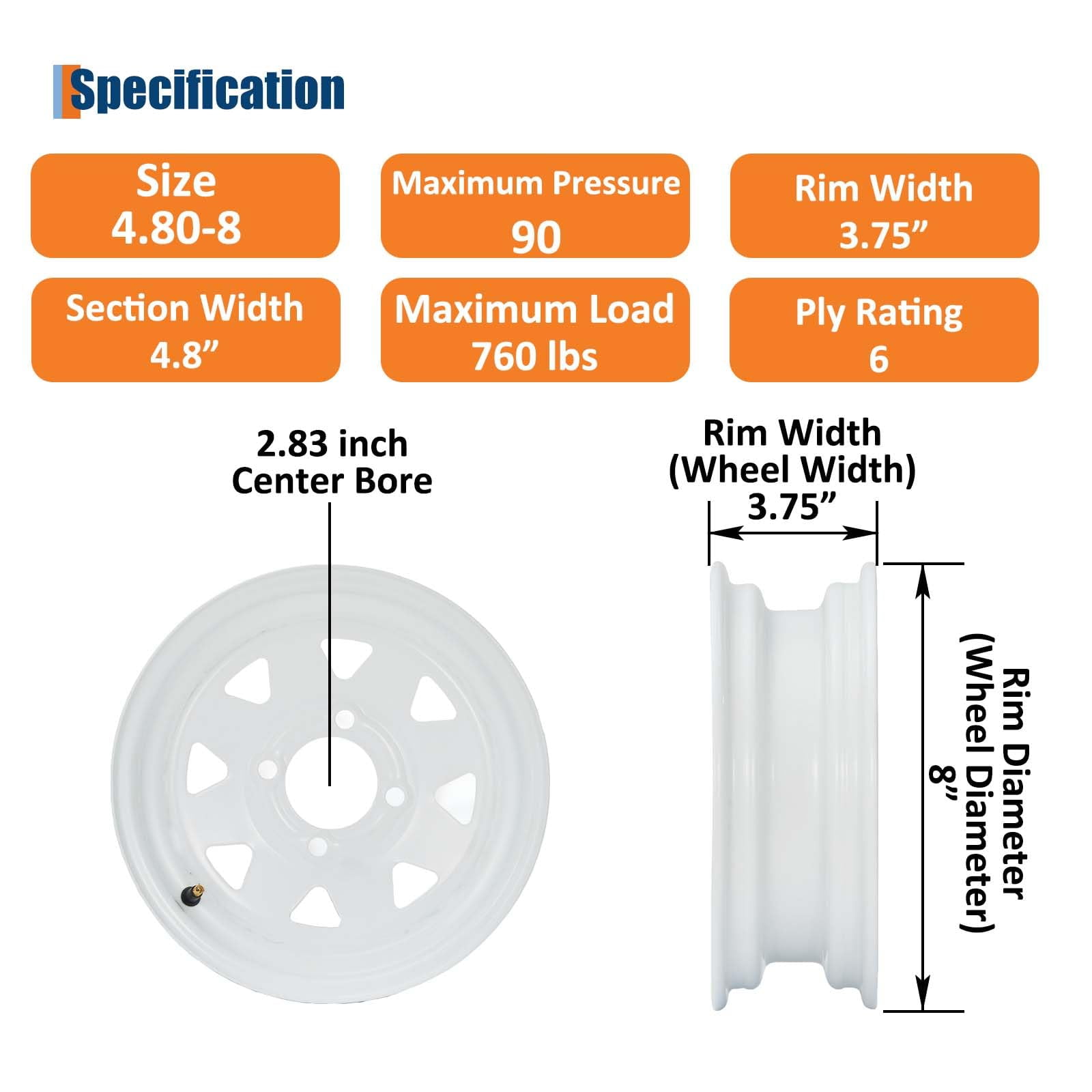 4.80-8 4.80x8 480-8 Trailer Tire and Wheel Assembly, Heavy-Duty Load Range C 6PR, 4 Lug on 4" White Modular Wheel, 8 Inch Tires for Utility/Boat/Camper Trailers, Set of 2