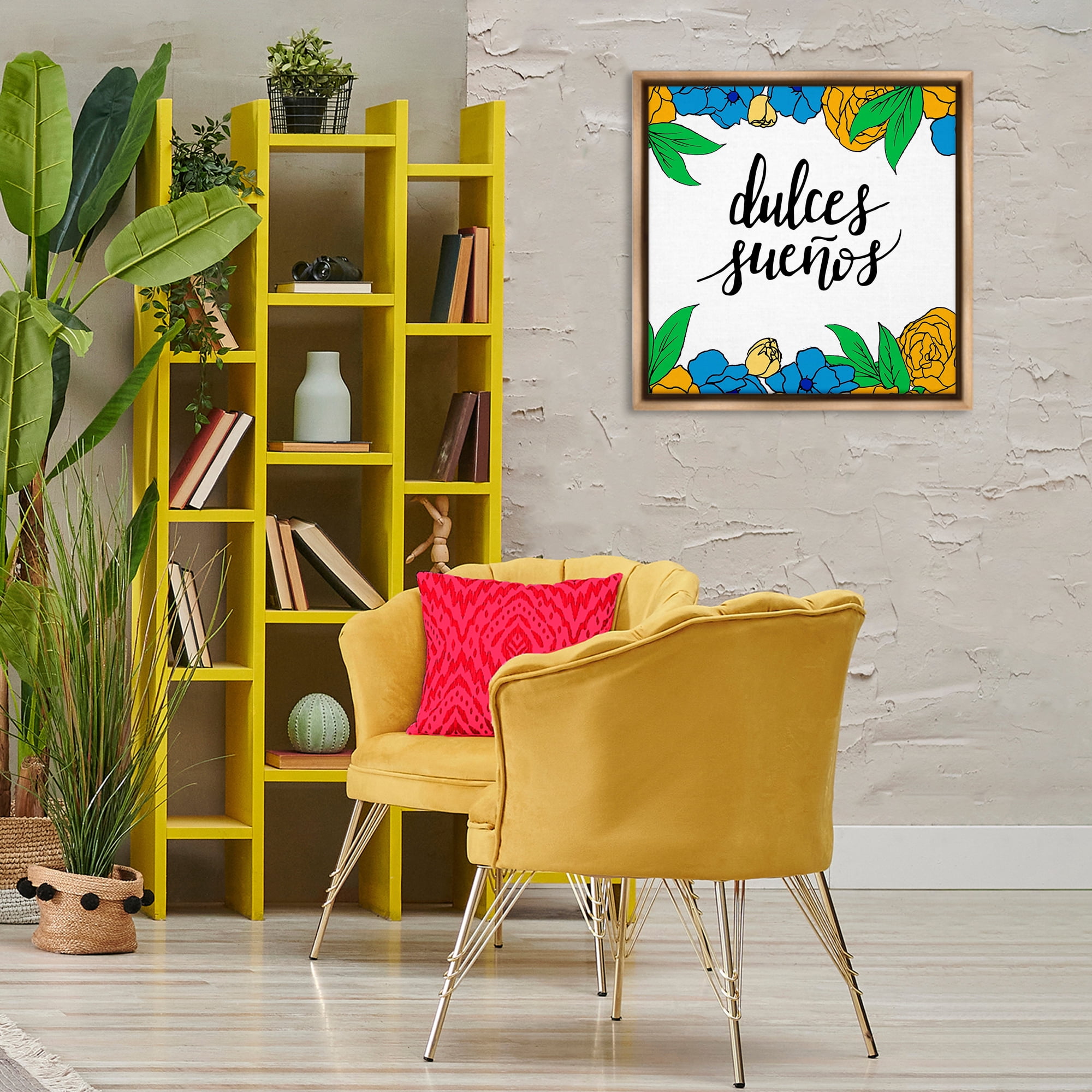 Stupell Industries Dulces Sueños Flores Tropicales Inspirational Quotes & Sayings Painting Brown Floater Framed Art Print Wall Art, 25 x 25