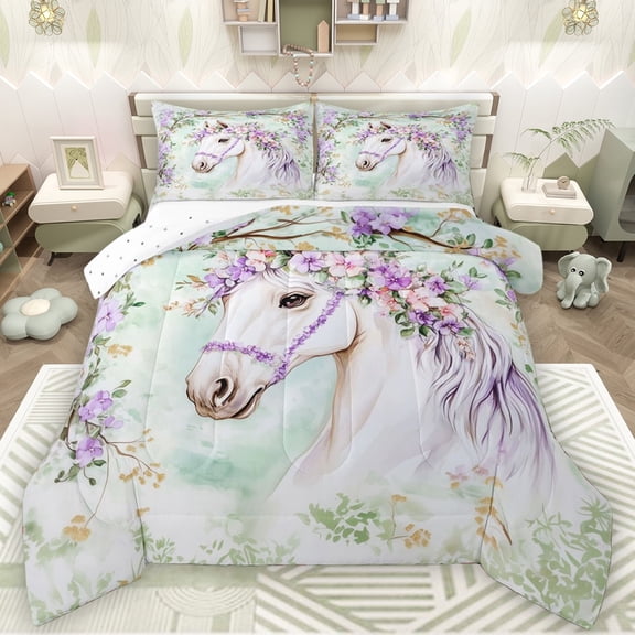 Manfei Flower Horse Teens Full Size Comforter Sets, Rustic Purple Floral Bedding Comforter Set, Farmhouse Animal Reversible Bedding Sets, Breathable Home Decor, 3 Pieces