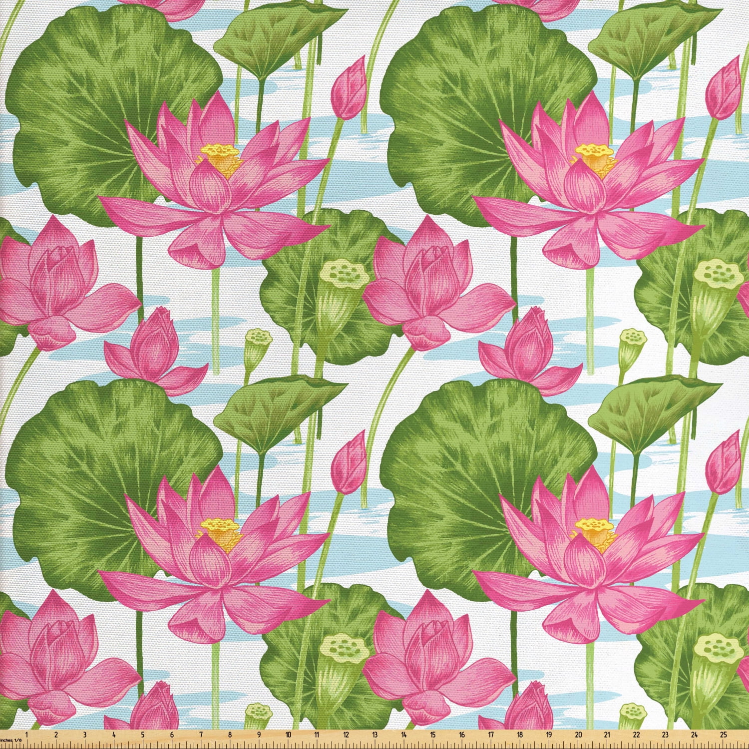 Lotus Fabric by The Yard, Watercolor Style Nature Scene from Japan