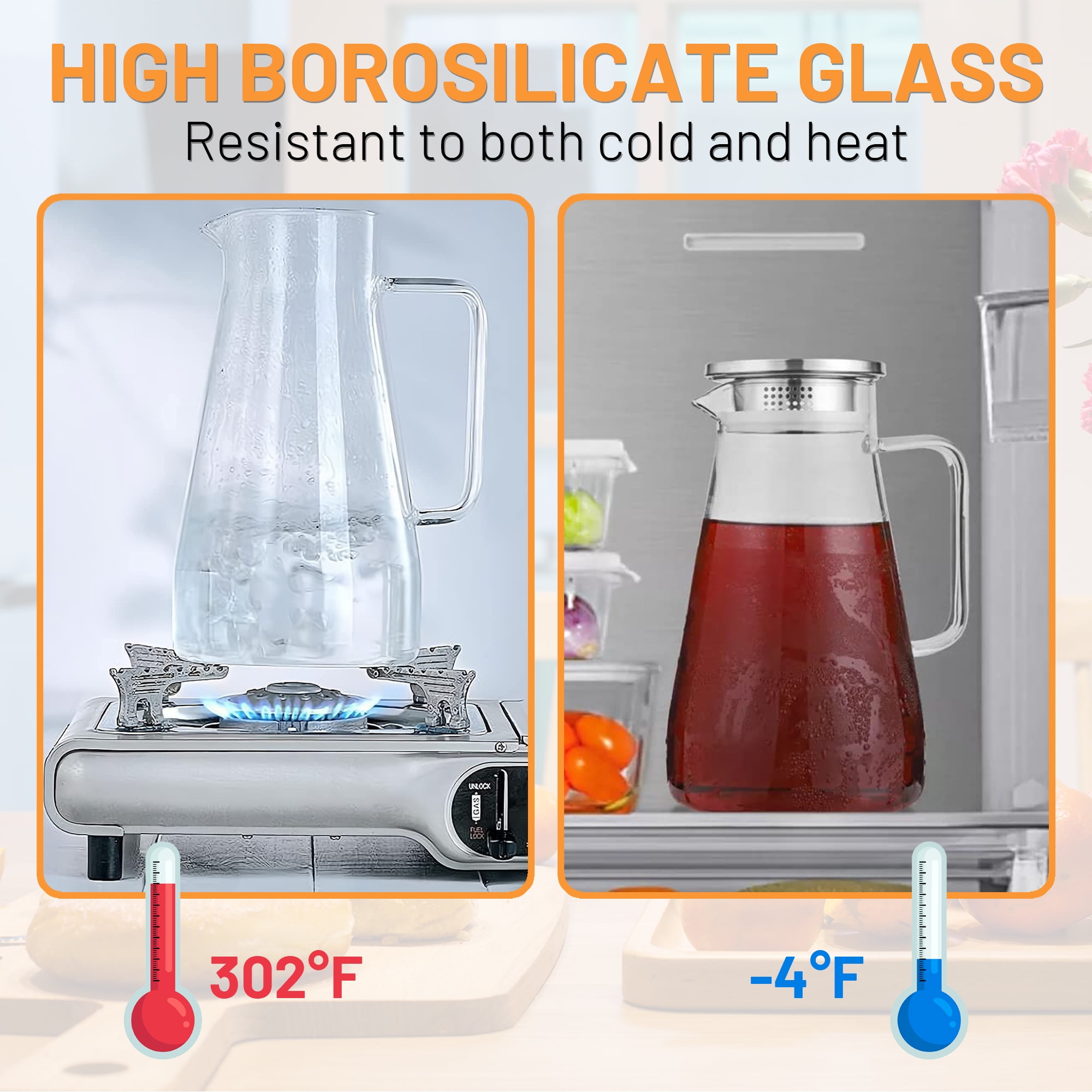 64 oz Glass Pitcher with Lid, Easy Clean Water Pitcher, Ice Tea Pitcher for Fridge, Glass Pitchers with Handle and Lid for Cold Brew, Iced Tea, Juice, Milk, Hot/Cold Beverages