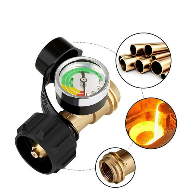 Adaptador de Recarga de Propano Qcc1 de Latón con Manómetro, Codo de 90 Grados para Tanques de 1 Lb a 40 Lb | Conector de Tanque de Propano Reutilizable y Duradero para Estufas de Camping, Calentador