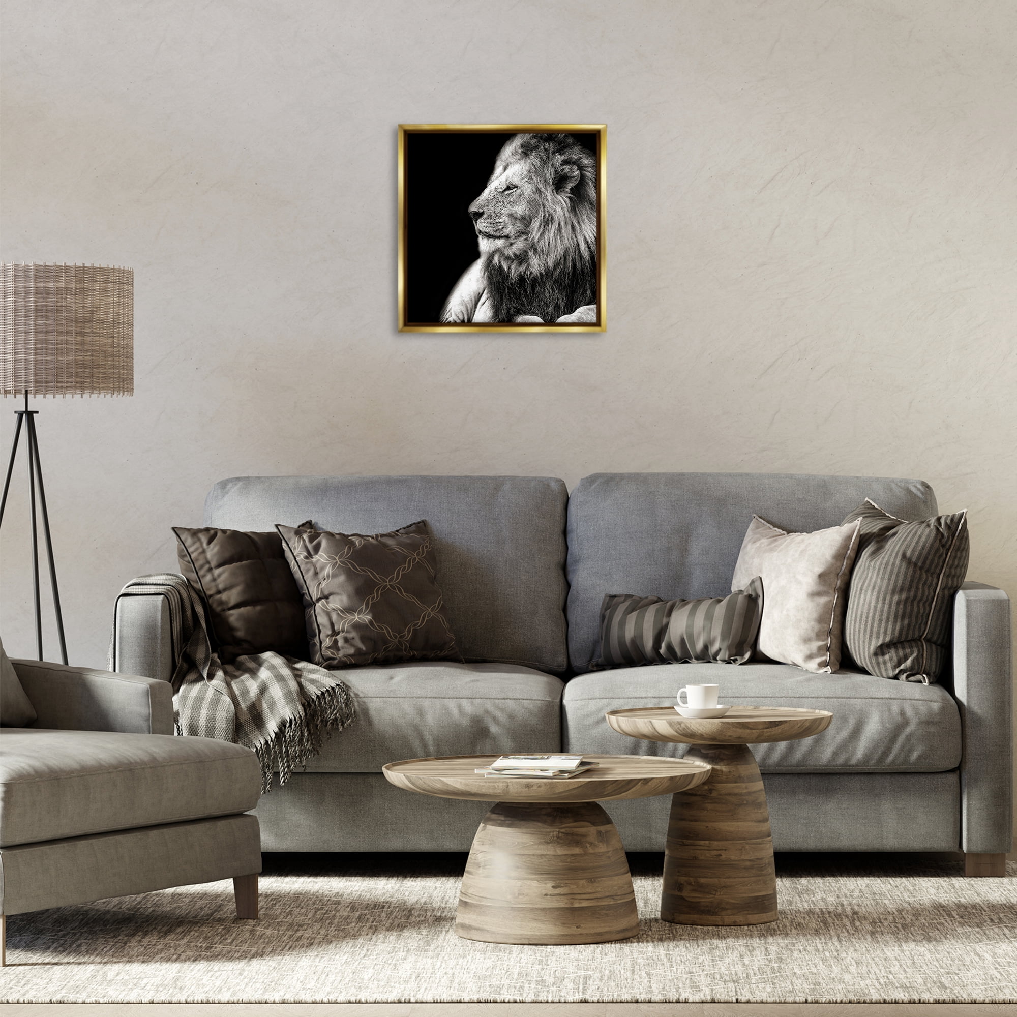 Stupell Industries Lion Portrait on Black Animals Photography Gold Floater Framed Canvas Art Print Wall Art, 18 x 18