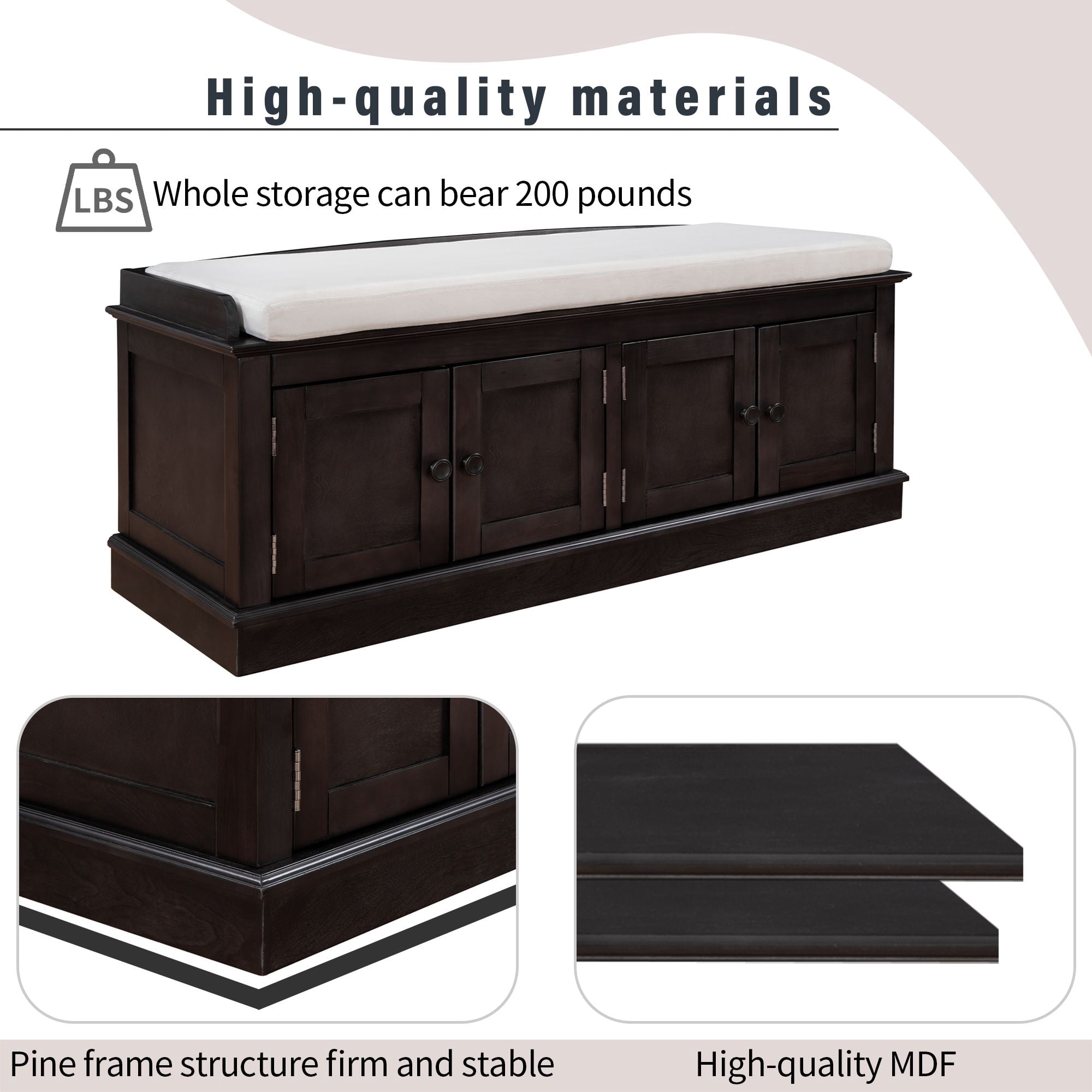 Aukfa Storage Bench with 4 Doors and Adjustable Shelves - Shoe Bench with Removable Cushion for Living Room - Espresso
