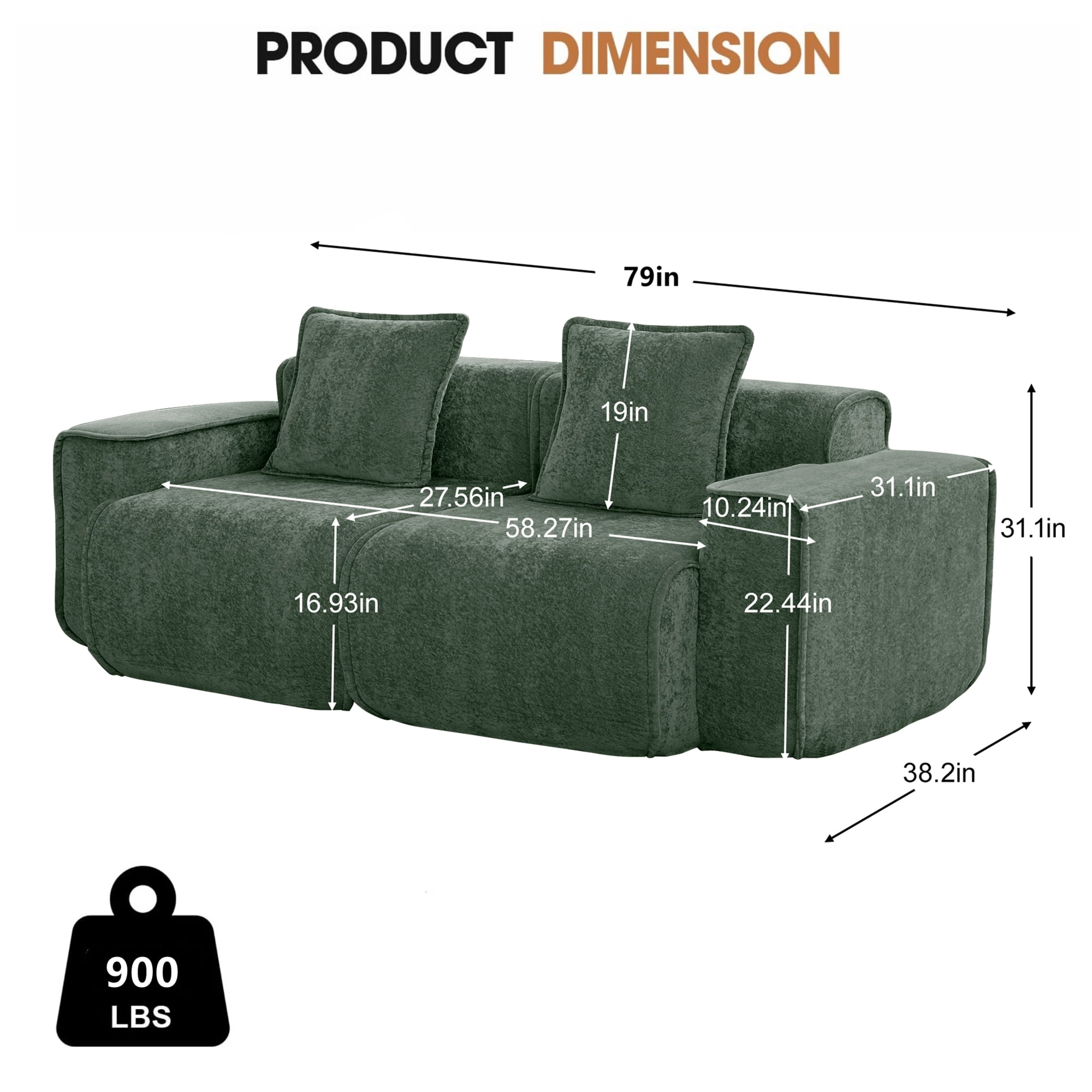 Aukfa 79" Boneless Couch Deep Seat Loveseat Cloud Sofa for Living Room Bedroom, 2 Pillows, Velvet, Green