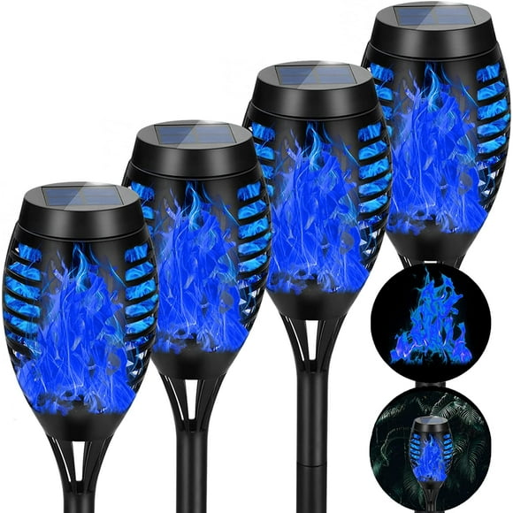 shiyou-4 Pack Solar Torch Lights Outdoor Waterproof - Blue Flickering Flame, Outdoor Solar Garden Lights for Yard, Tiki Torches for Outside Patio Pathway Decorations