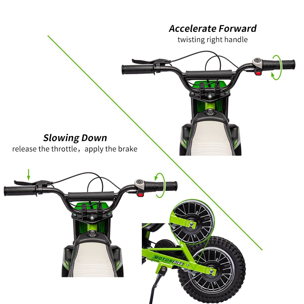 Kicctian 24V Kids Electric Dirt Bike, 250W Motor Off-Road Motorcycle with Metal Suspension, Leather Seat, Air-Filled Tires, Twist Throttle, for Ages 8-12, Green