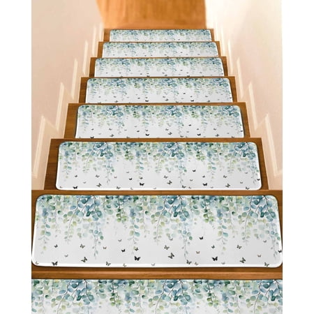Stair Treads for Wooden Steps, Blue Green Eucalyptus Peel and Stick Stair Treads with Adhesive, Sage Gradient Leaves Butterfly Non Slip Indoor Stairs Runner Rugs Mats for Elders Dogs 8"x30"15PCS