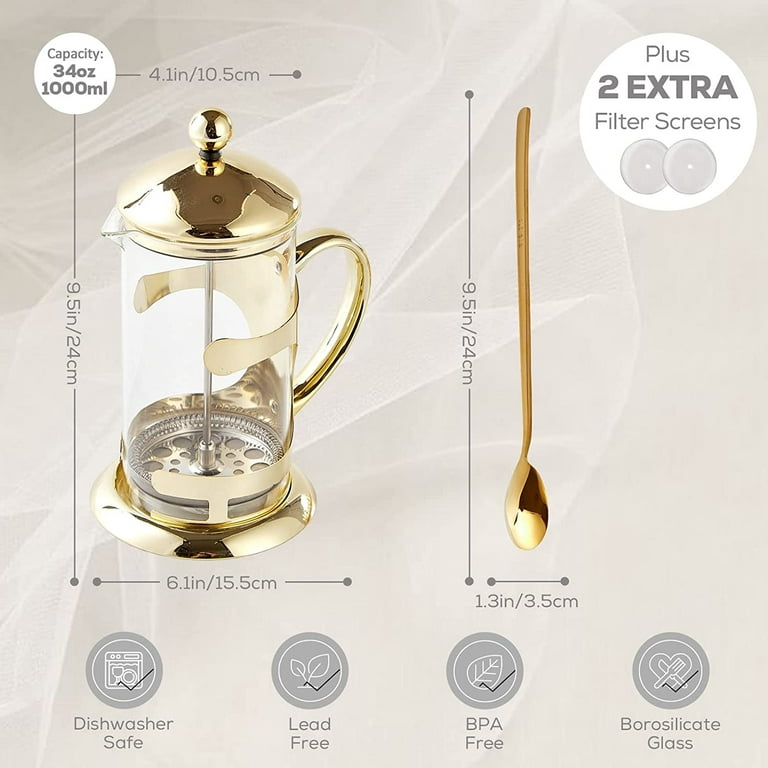 DUJUST Gold French Press Coffee Maker, Luxury Design French Coffee Press with 4-Level Filter System, High-Grade Glass for Hot & Cold Resistance