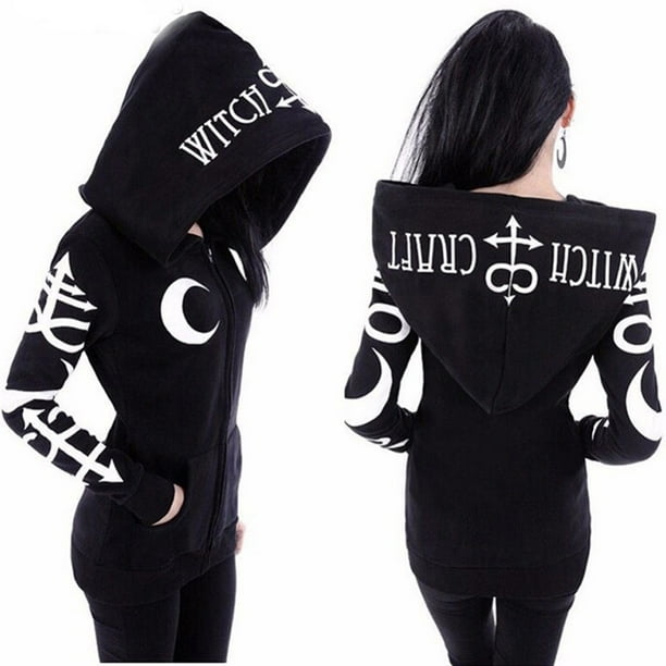 Puntoco Mujeres Loose Gothic Punk Manga Larga Con Capucha Estampado Negro Cardigan Chaqueta Abrigo Puntoco Puntoco-6706